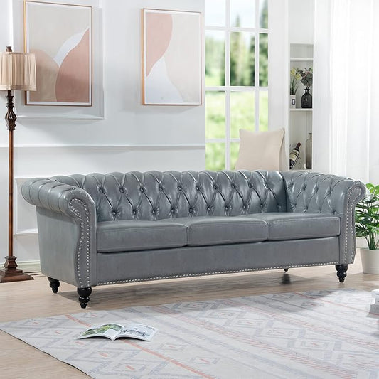 84.6” Chesterfield Leather Sofa 3 Seater Couch with Nailhead &amp Rolled Arm with Extra Deep Seats Mid Century Large Sofa with Classic Tufted Back Modern Faux Couch for Living Room Office Apartmen