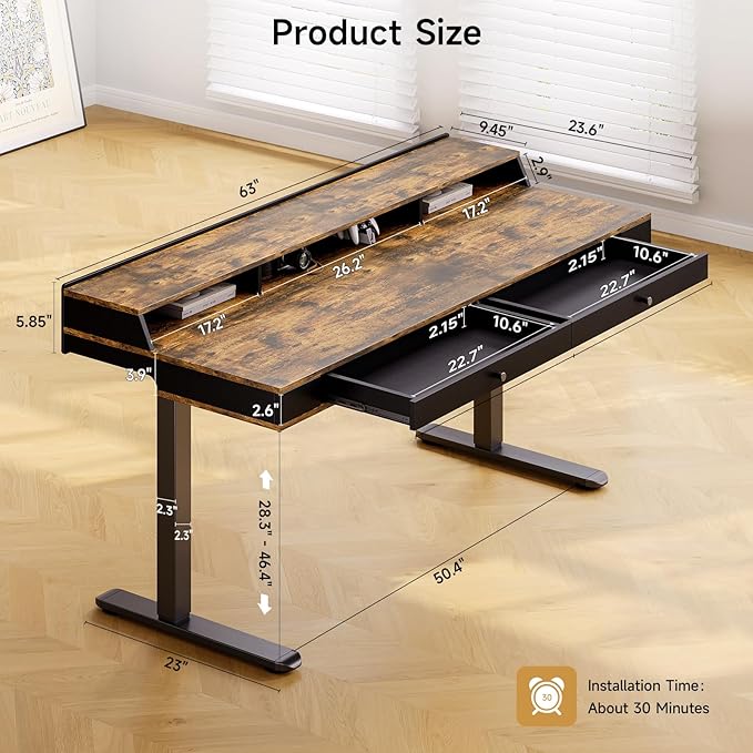 ONBRILL Standing Desk with Drawers 63x23.6 Electric Stand Up Desk with Storage Shelf and Memory Controller Sit Stand Desk Adjustable Height from 28-46 for Computer Workstation Rustic Brown