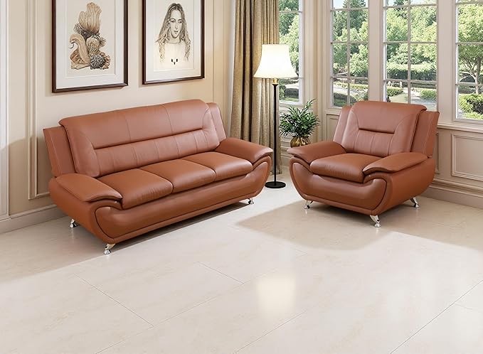Living Room Furniture Sets 2-Piece Orange Faux Leather Sofa Couches Sofa and Chair for Bedroom Apartment Rv Car