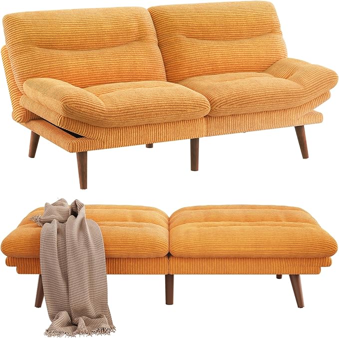 Pipishell Futon Sofa Bed Modern 66 Futon Couch Convertible to Bed &amp Lounger Compact Size Corduroy Loveseat Durable Construction - Fits Small Spaces ApartmentsStudy Room (Yellow 66 Inch) |