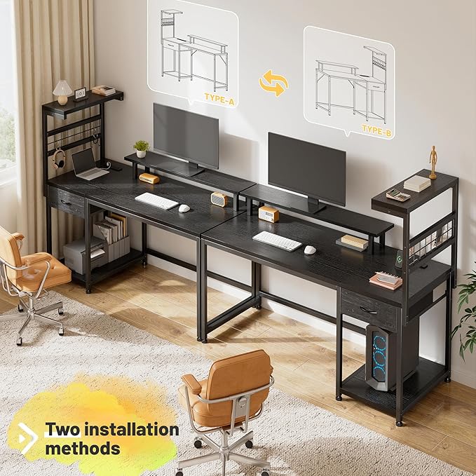 EnHomee 48 Gaming Desk with LED Lights &amp Power Outlets Home Office Desk with Monitor Stand Computer Desk with Drawer &amp Storage Shelves for Living Room Study Room Gaming Room Black