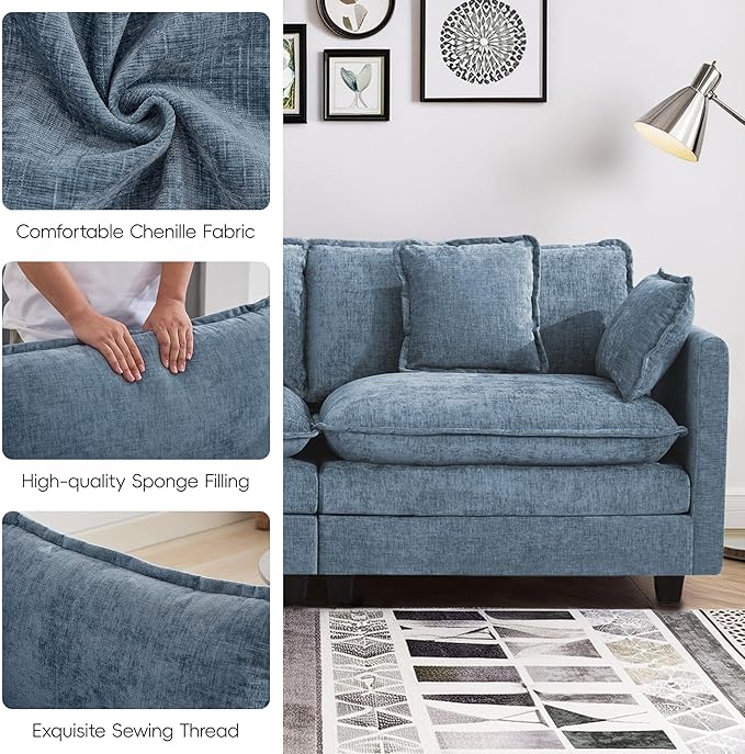 2-Seater Cloud Couch Oversized Comfy Modular Sectional Sofa with Deep Seat Cushions Chenille Loveseat for Living Room Apartment &amp Small Spaces Blue