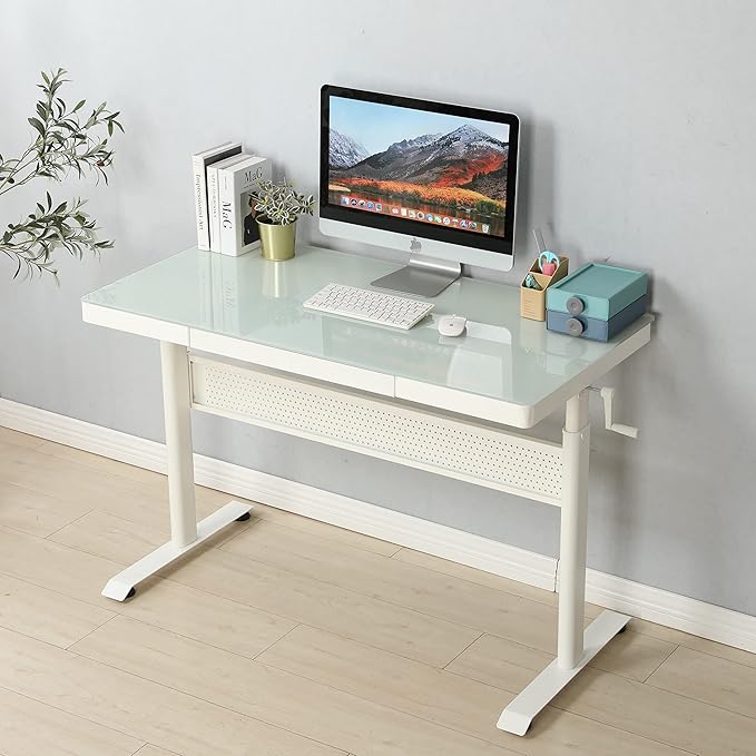 48 x 24 Inches Tempered Glass Standing Desk with Metal Drawer Adjustable Height Stand up Desk Sit Stand Home Office Desk Ergonomic Workstation