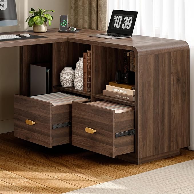 ONBRILL 58 Executive L Shaped Desk Home Office Desk with File Drawers Computer Desk with Power Outlets and Storage Shelves Corner Computer for Home Office (Walnut)