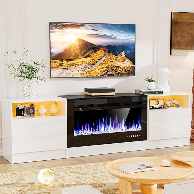 AHB Fireplace TV Stand 80 Inch LED Light Entertainment Center with 36 Electric Fireplace and Storage Cabinet Media Console Table for TVs Up to 90 Inches Ideal for Living Room