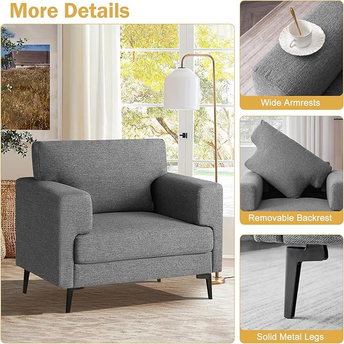 Oversized Accent Chair Upholstered Living Room Chairs Single Sofa Chair w/Metal Legs Comfy Linen Fabric Reading Lounge Armchair for Apartment Bedroom Office Dark Grey 1PC