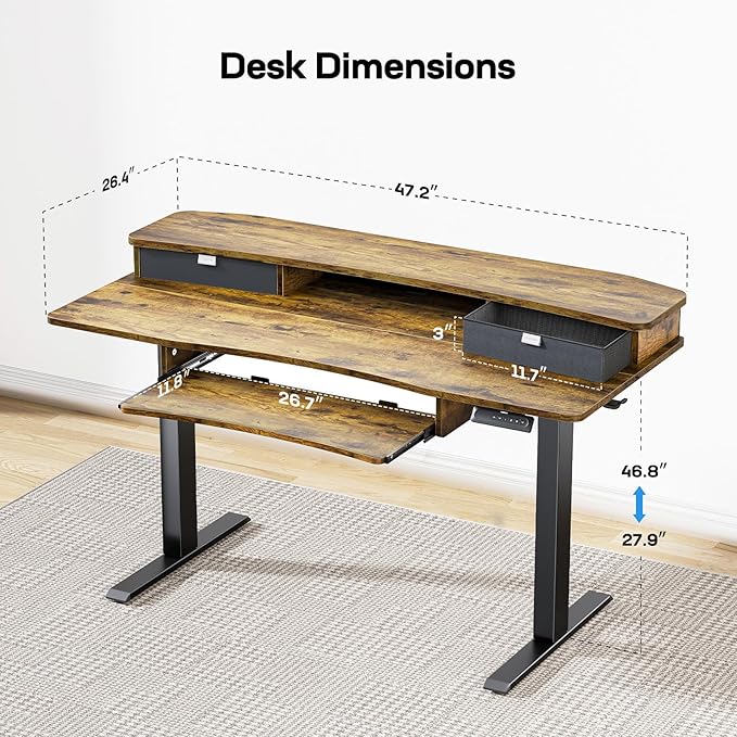 HUANUO 48 x 26 Electric Standing Desk with 2 Drawers &amp 26.7 Large Keyboard Tray C-Clamp Mount Compatible Adjustable Computer Desk for Home Office Stand Up Desk with 4 Height Presets Vintage