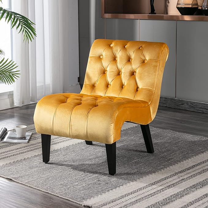 Yoluckea Modern Upholstered Accent Chair S-Shape Armless Lounge Chair for Bedroom Living Room Comfy Velvet Chaise Chairs with Button Tufted Back and Solid Wood Legs Mustard Yellow