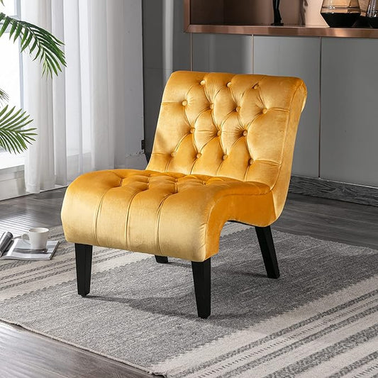 Yoluckea Modern Upholstered Accent Chair S-Shape Armless Lounge Chair for Bedroom Living Room Comfy Velvet Chaise Chairs with Button Tufted Back and Solid Wood Legs Mustard Yellow