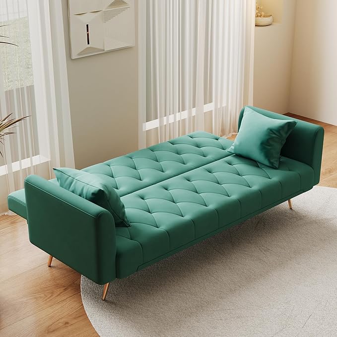 72Modern Velvet Sofa Bed FutonConvertible Folding Sleeper Bed Couches with 3 Adjustable BackrestsTufted Recliner Love Seat with Golden Chrome Legs for Living Room Apartment Office (Green+pillows)