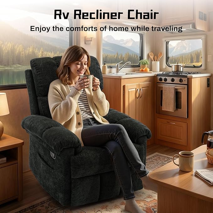 Recliner Chair Swivel Rocker Recliner Chair for Adults Small Recliners for Small Spaces Upholstered Manual Recliner with Side Pockets Nursery Rocking Chair for Living Room Chenille Black