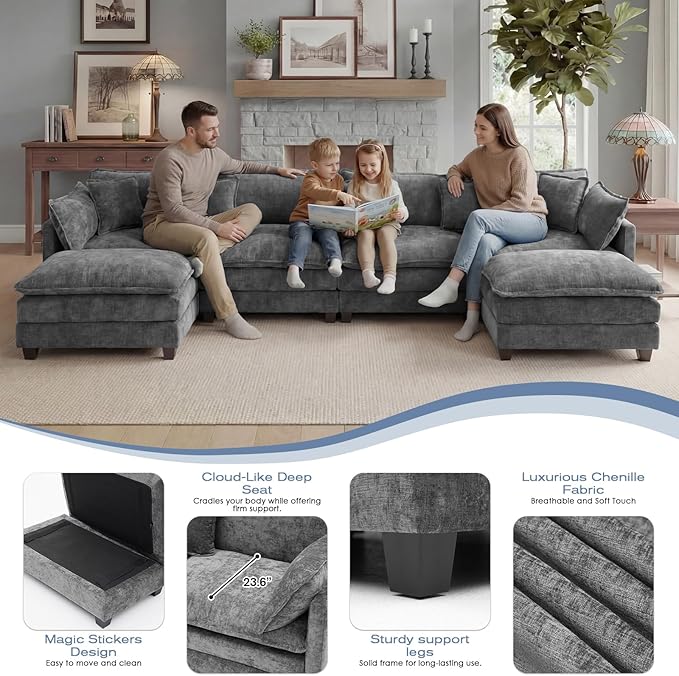 113.4 L-Shaped Modular Sectional Sofa with Ottoman Comfy Cloud Couch with Deep Seat (23.6 D) Solid Wood FrameBeige/Gray/Blue/Black for Living Room Small Apartment (Grey 3 Seat)