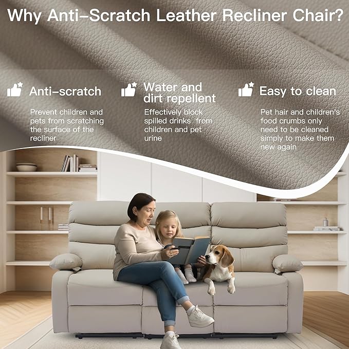 Loveseat Recliner Sofa Set Small Leather Couch 3-Seater Manual Seater Reclining Triple Recliner Chair for Living Room RV Home Theater Seating(Beige 3 Seater Sofa)