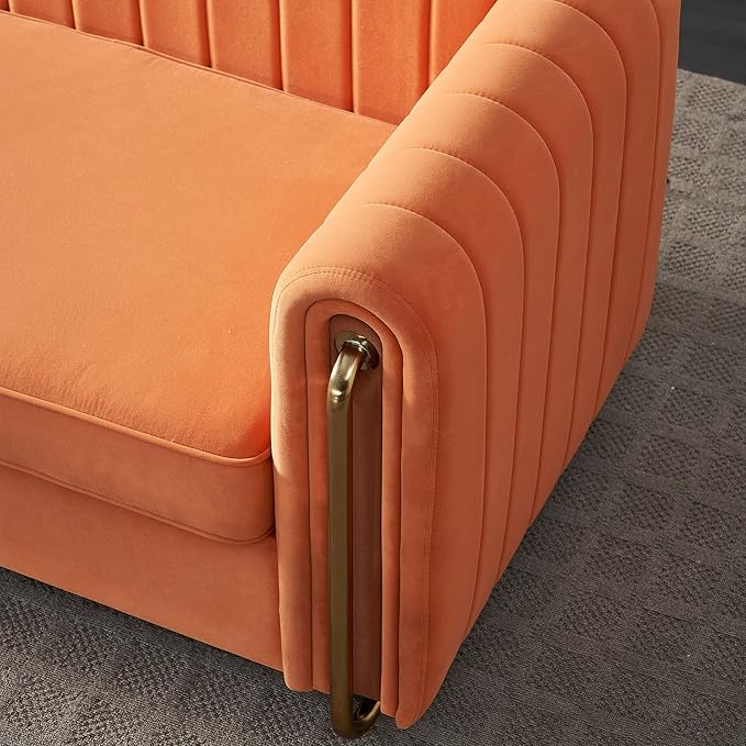 KEIKI 84 Velvet Deep Channel Tufted Sofa with Back Cushions and Rolled Arms Modern Style 3-Seater Couch with Golden Polished Steel Legs Easy Assembly for Living Room Bedroom Office Orange