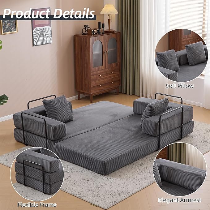 Folding Sofa Bed Convertible Sleeper Corduroy Floor Couch with Pillows Fold Out Couch King Size Bed Futon Couchs Foldable Memory Foam Mattress for Living Room Bedroom Playroom (Dark Grey)