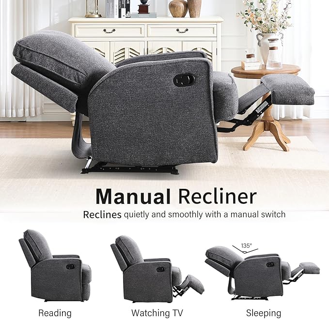 INZOY Manual Recliner with Thicker Backrest Soft Fabric Recliner Chair with Overstuffed Cushion Heavy Duty Reclining Sofa for Living Room Bedroom Apartment Grey
