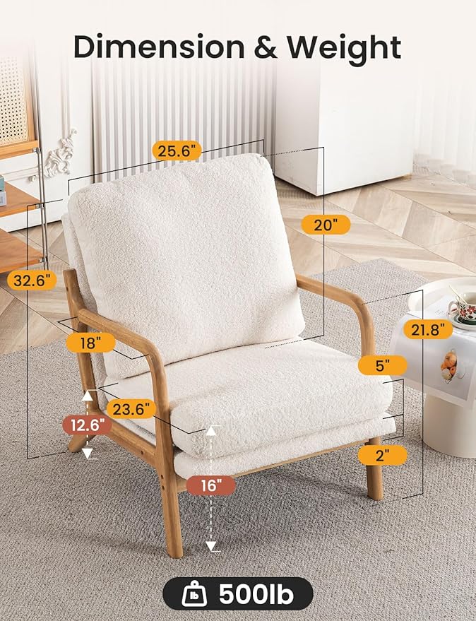Mid Century Modern Accent Chairs for Living Room 23” Wide Comfy Chair for Bedroom Small Cozy Sherpa Reading Chairs for Adults 108° Lounge Arm Chair with Detachable Cover 5.5 Foam Cushion