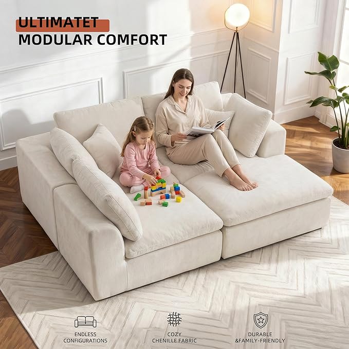 Boneless Sectional with Chaise 110 L-Shaped Cloud Couch for Living Room Deep Seat Chenille Floor Sofa Frameless Modular Lounge Set (Beige Right Facing Chaise)