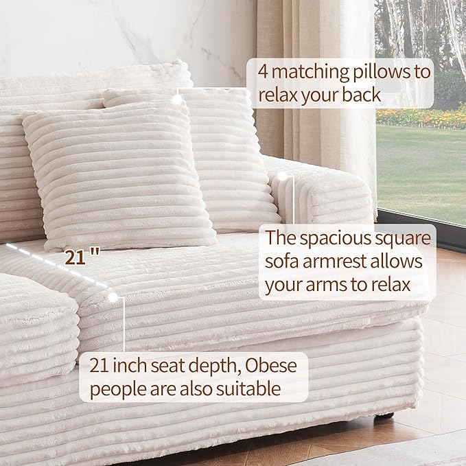 Modern Cloud Couch 3-Seater with 4 Matching Toss Pillows 88.58 Soft Corduroy Sofa with Deep Seat for Small Spaces Living Room Apartment (White)