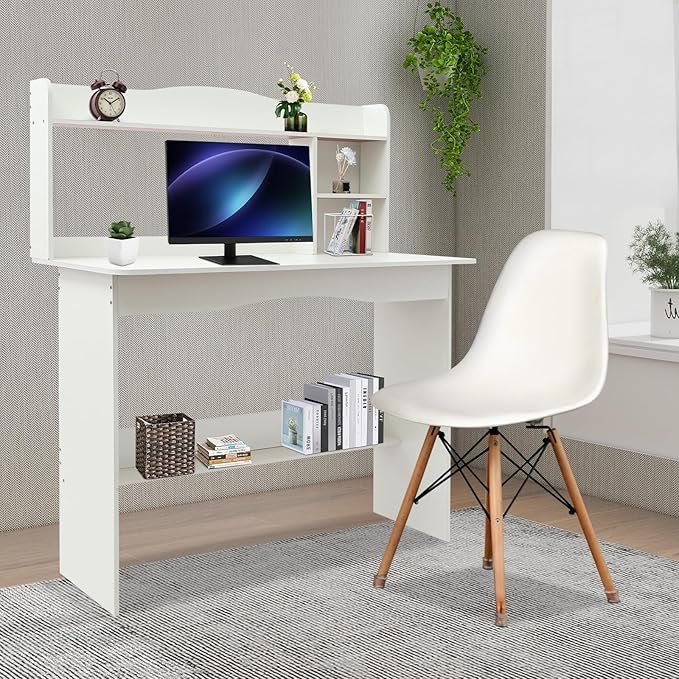 Computer Desk with Hutch - 40 Home Office Desk with Bookshelf &amp Lower Storage Shelf for Studying Gaming Table Computer Desk and Small Spaces (White)