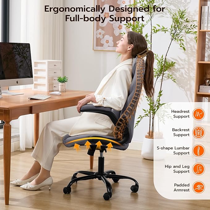 Office Desk Chair Ergonomic Computer Chair with Padded Flip-Up Arms and Adjustable Lumbar Support PU Leather Executive Chair with Tilt Lock and 360° Swivel Rolling Wheels for Work Study