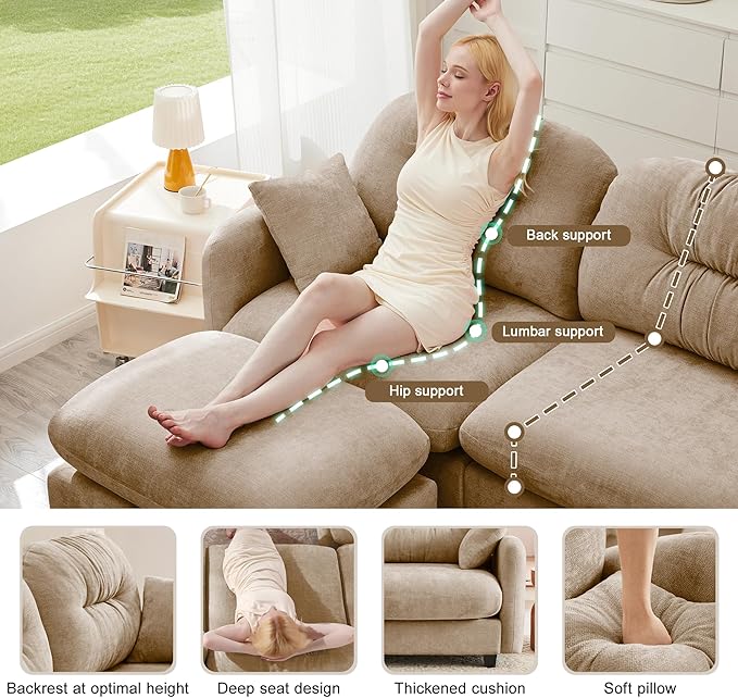 74'' Chenille Couch L-Shaped Sectional Sofa Ultra-Soft Comfort Memory Foam Cloud Couch with Pillows Sectional Couches for Living Room