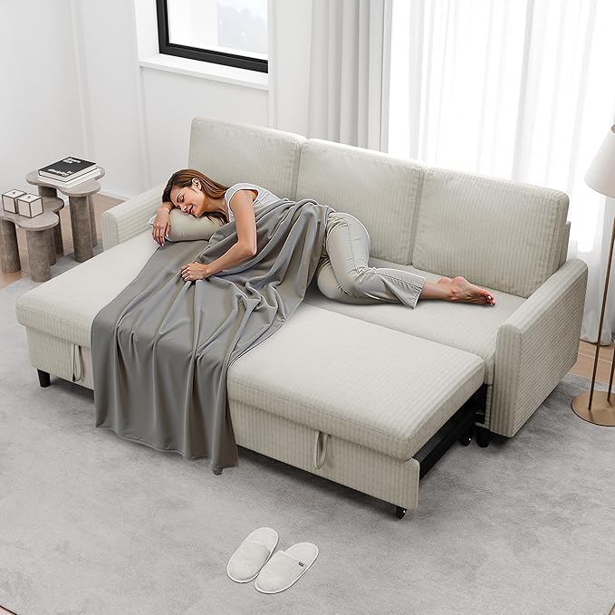 Nuturelly Sectional Sofa Couch Bed L Shaped Sleeper Sofa Bed Pull Out Bed with Storage Reversible Sectional Couches for Living Room Apartment Office(White)