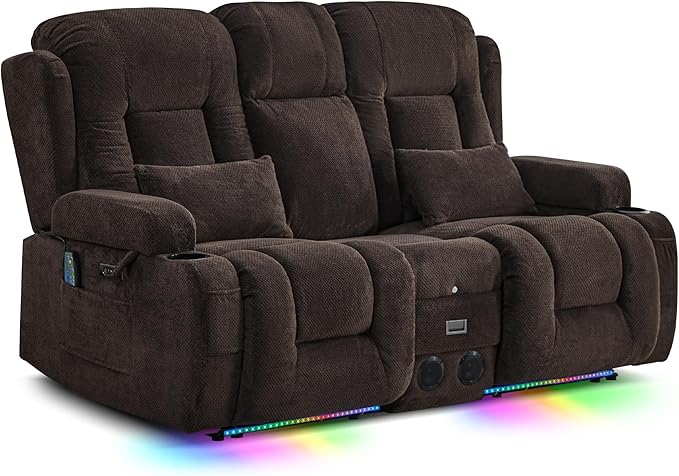TUNYI Wall Hugger Loveseat Recliner Sofa with Console Power Reclining Loveseat RV Couch with Massage &amp Heat/USB/Outlet/Storage/LED Light/Speaker (Brown)