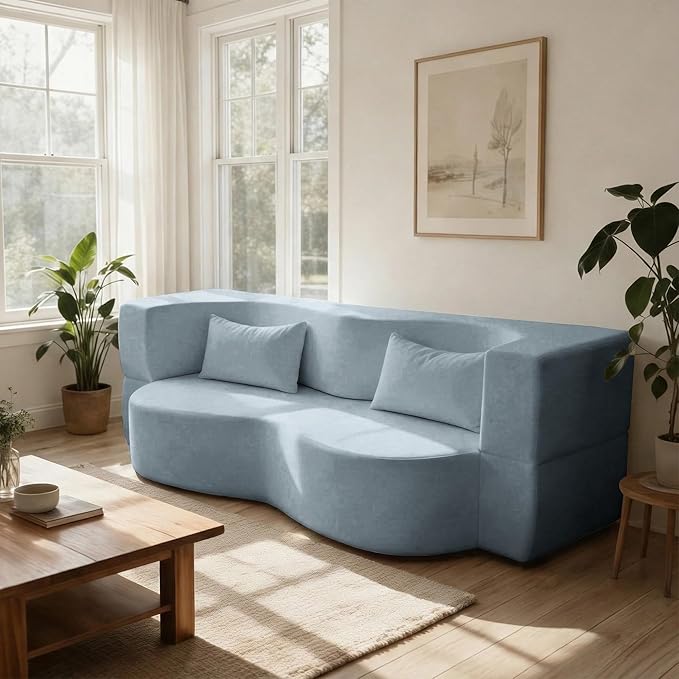 78.35 Modern 2-in-1 Convertible Curved Loveseat Sofa Bed Floor Love Seat Couch Teddy Fabric Memory Foam Cloud Couch with 2 Pillows No Assembly for Living Room Apartment Small Space (Blue)