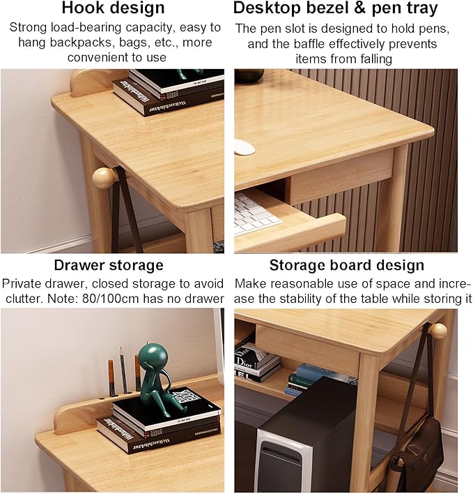 Solid Wood Office Desk with Keyboard Tray Writing Desk with Drawers and BookshelfModern Home Office Desk Study Writing PC Table Workstation for Small Spaces(90x60x75cm(35x24x30inch) Walnut)