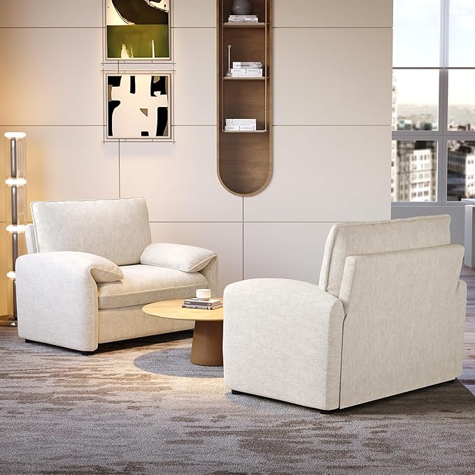 ONBRILL Oversized Accent Chair 41 Inch Chenille Fabric Armchair Comfy Single Sofa Chair with Padded Arms Pocket Spring Cushion Modern Reading Chair for Living Room Bedroom Beige