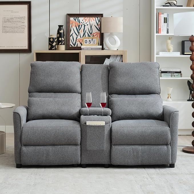 MANBUR Push-Back Reclining Loveseat with Console Loveseat Reclining Sofa Home Theater Seating RV Recliner Sofa Recliners Double Recliner Couch with Storage Pockets &amp Cup Holders Gray