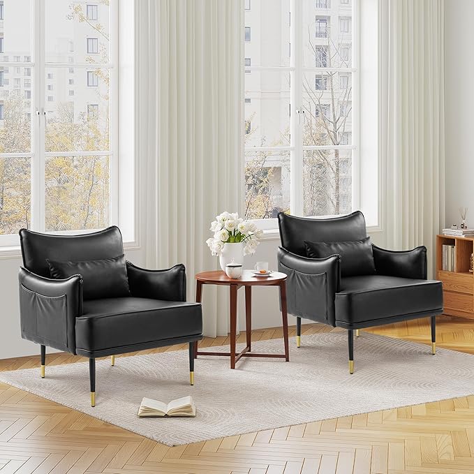 Glitzhome Mid-Century Modern Accent Chair for Living Room Black Leatherette Armchair with Golden Metal Legs and Side Pocket Oversized Single Sofa Reading Chair with Soft Seat Cushion