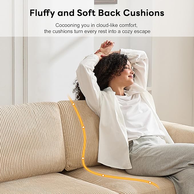 Tbfit 85 Corduroy Couch for Living Room 3 Seater Mid Century Modern Sofa with Spring Cusions for Bedroom Small Comfy Upholstered Couches Easy Assembly with Solid Wood Legs Beige