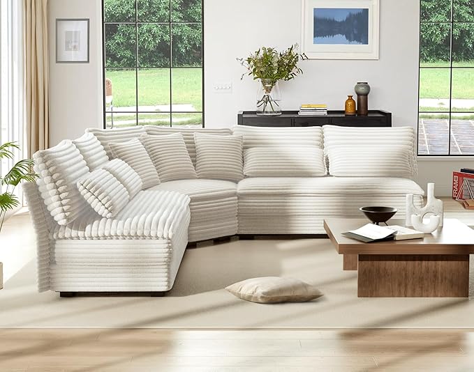5-Seater Sectional Couch 102 L-Shaped Corner Sofa Oversized Corduroy Cloud Couch with 2-Layer Cushions for Living Room Aparment (White)
