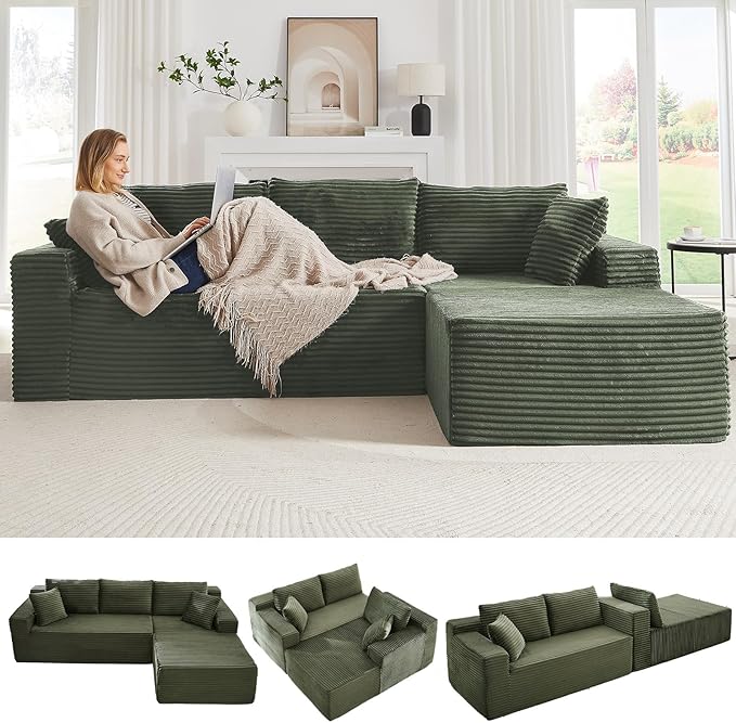103 Cloud Sectional Couch with Chaise Lounge L Shaped Modular Modern Sofa Comfy Corduroy Fluffy Sofa with Deep Seat No Assembly Required Foam Couch for Living Room(Green Right Facing Chaise)