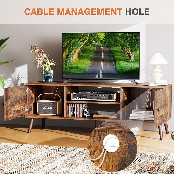 Sweetcrispy TV Stand for 55 60 inch TV Modern Mid Century Entertainment Center with Storage Media Console Table 2 Cabinet Soft Hinge Handle Door Wooden Living Room Office Furniture Rustic Brown