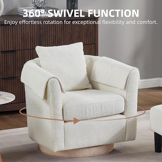 White Swivel Accent Chair with Ottoman 360° Barrel Chairs with Foot Stool Comfy Reading Chair with Removable Pillow &amp 2 Armrest Covers for Living Room Small Spaces Bedroom Chenille (White)