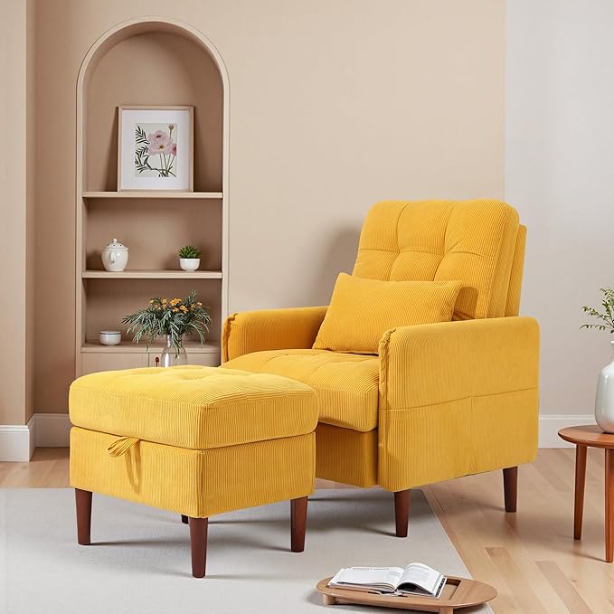 Accent Chairs with Storage Ottoman Corduroy Fabric Armchair with Adjustable Backrest and Side Pockets Mid Century Modern Reading Sofa Chair for Living Room Bedroom-Orange Set of 1