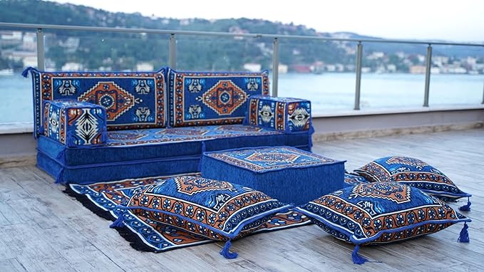 arabicsofa 8 Inch Thick Royal Blue Arabic Floor Cushion – Handmade Modular Majlis Seating with Backrest Pillows