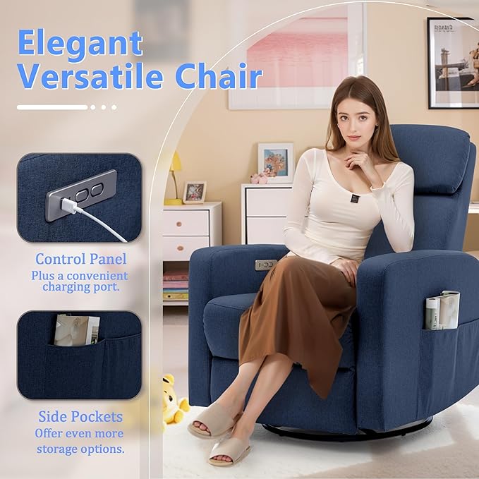 Power Swivel Recliner Chairs for Adults Electric Glider Rocking Chair Nursery Glider Recliner Nursery Chair with Classified Side Pocket Nursery Rocking Chairs with USB and Type-C Ports