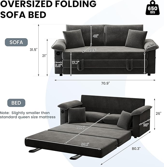 SUNWAVE Oversized Loveseat Sleeper Sofa 77 Convertible Sofa Bed 2-Seat Pull Out Couch w/USB Chenille Queen Folding Sofa Bed for Living Room Small Spaces Bedroom (Black)