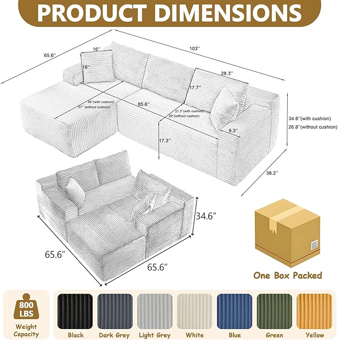 Minimalist Boneless Cloud Couches for Living Room Corduroy L Shaped Modular Sectional Sofa Couch W/Deep Seat &amp High-Back Comfy Memory Foam Couch Sofa in A Box (Blue Left Facing Chaise)