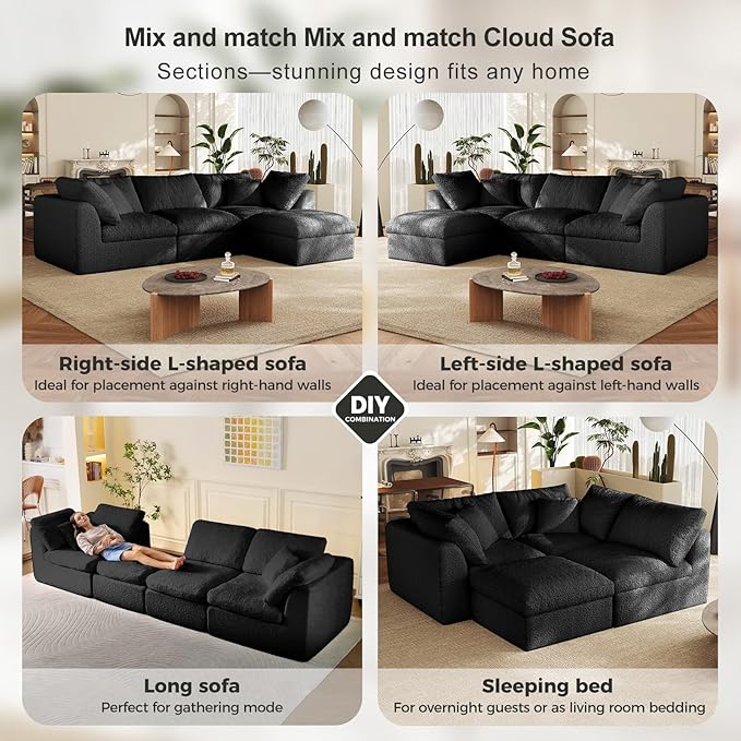 Cloud Sectional Couches108 L-Shape Sofa Modular Sectional Sofa for Living Room Freely Configurable Deep Seating Non-Slip Bottom No Assembly Required(Black 3 Seater+1 Ottoman)