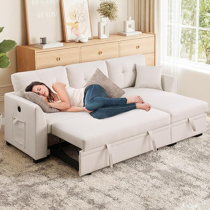 Convertible L-Shape Sofa Bed with Storage Space-Saving Features Pull-Out Sleeper and Charging Ports for Apartment Living Room and Office White