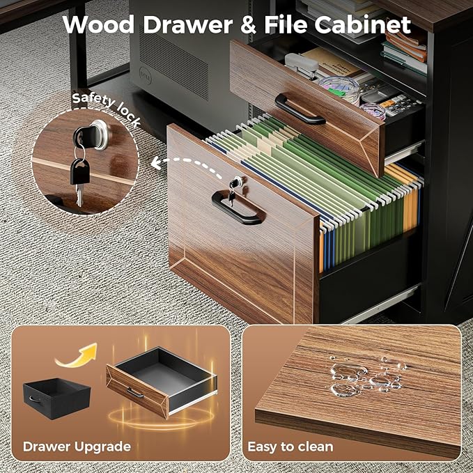 AODK L Shaped Desk with Wooden Drawers &amp Locking File Cabinet 61 Inch Large Executive Desk with Power Outlet Led Computer Desk with Storage Corner Office desk with Monitor Stand &amp CPU Stand