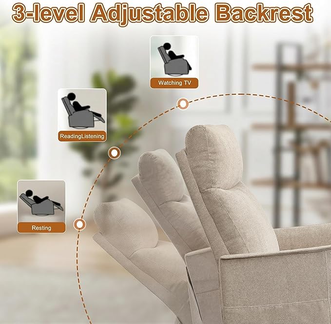 Manual 360° Swivel Rocker Recliner Chair for Adults Overstuffed Glider Chair for Nursery with Vibration Massage and Heat Comfy Soft Fabric Glider with Side Pockets for Living Room Khaki