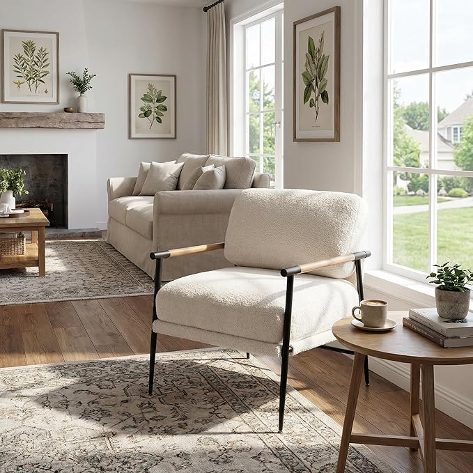 DUOMAY Mid-Century Modern Accent Chair Comfy Sherpa Sofa Lounge Chair Reading Corner Chair for Living Room Bedroom Office Mid-Back Arm Chair with Black Metal Leg White