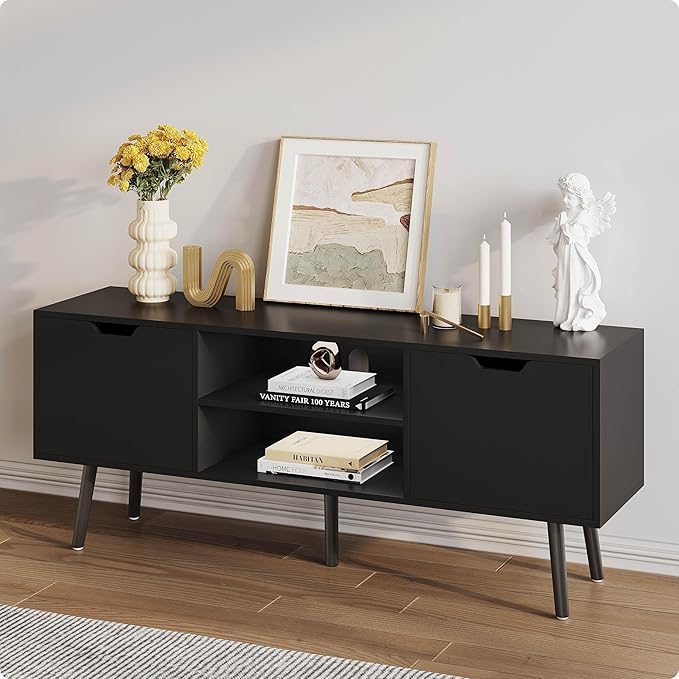ALINE FURNITURE Black TV Stand for 50 55 60+ inch TVs - Media Console with 2 Cabinets &amp Open Shelves Solid Wood Legs - TV Consoles for Living Room - 22 H Entertainment Center for Bedroom