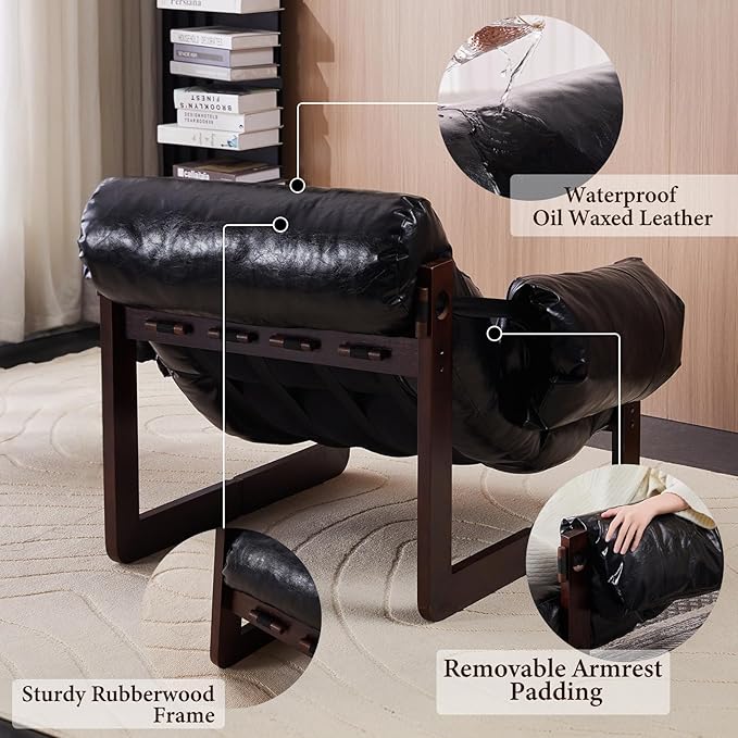 Furnilivng Modern Lounge Accent Chair Comfortable Oil Waxed Leather Arm Chair with Sturdy Wood Frame Upholstered Cozy Sofa Chair for Living Room Bedroom Dressing Room Home Office Black